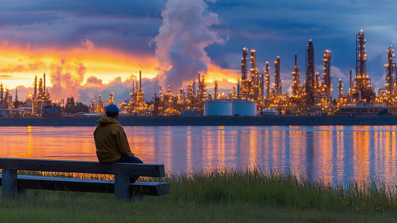 A solitary figure gazes across a tranquil body of water towards a vibrant industrial landscape, as the sunset casts breathtaking colors over the towering structures and reflects beautifully on the surface