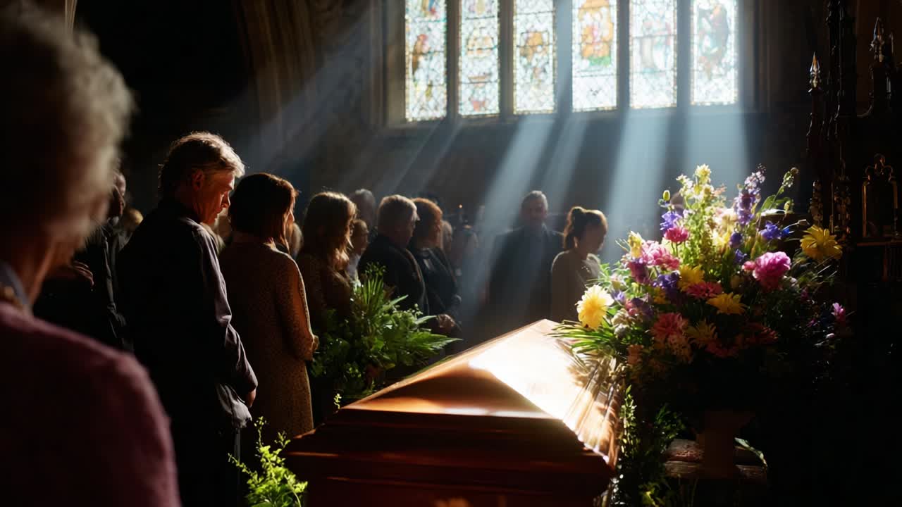 A solemn gathering under the soft, radiant beams of light filtering through stained glass windows, reflecting a moment of remembrance and mourning as loved ones pay their respects at a beautifully adorned casket