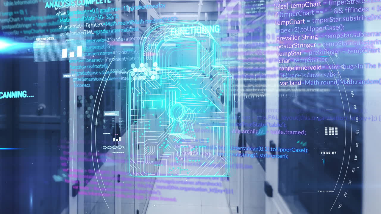 Digital lock and code processing animation over server room background
