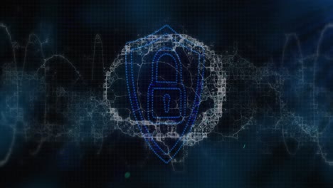 red de conexiones que forman un cerebro humano contra el icono de candado de seguridad contra un fondo azul
