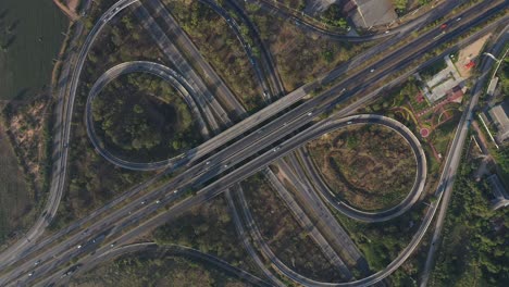 aerial view from drone of expressway road multi lenses, mittraphap road, nakhon ratchasima, thailand.