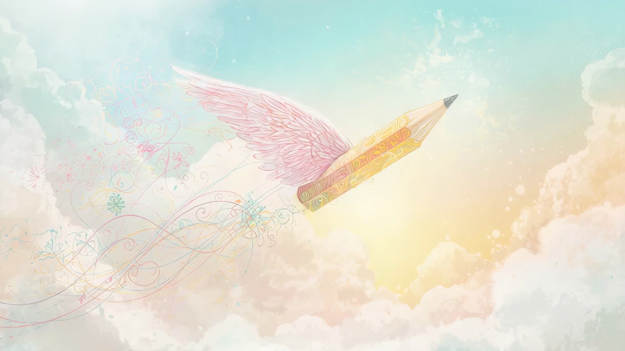 A flying pencil with wings in a dreamy sky