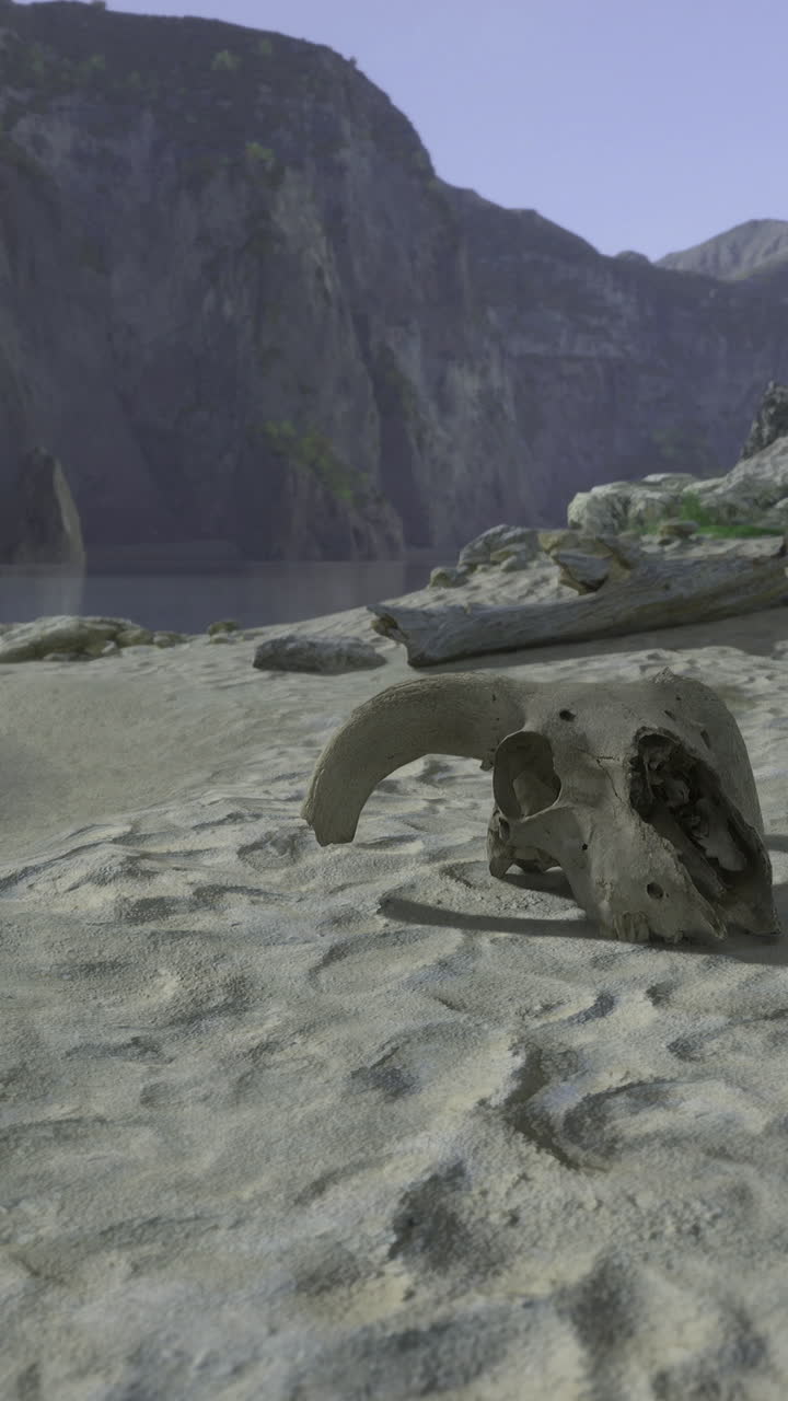 Skull rests on sandy riverbank under clear sky surrounded by mountains