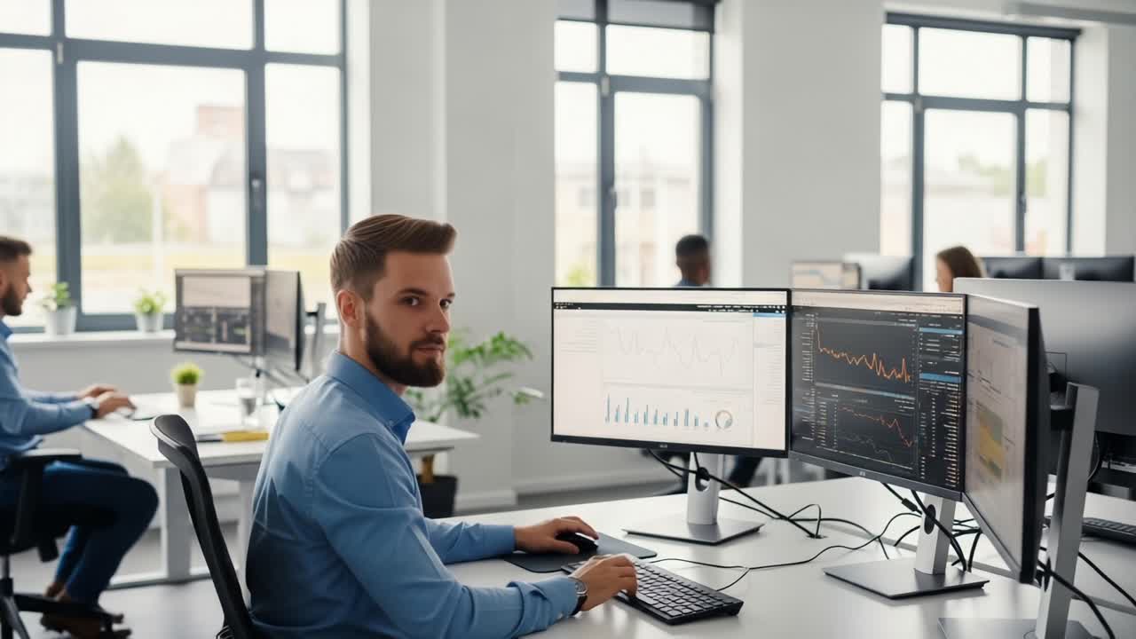 Focused Data Analyst in Modern Office Environment Engaged with Multiple Monitors Analyzing Critical Insights and Trends in Digital Analytics