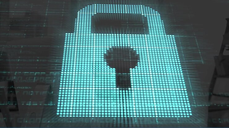 Animation of digital padlock over computers in office