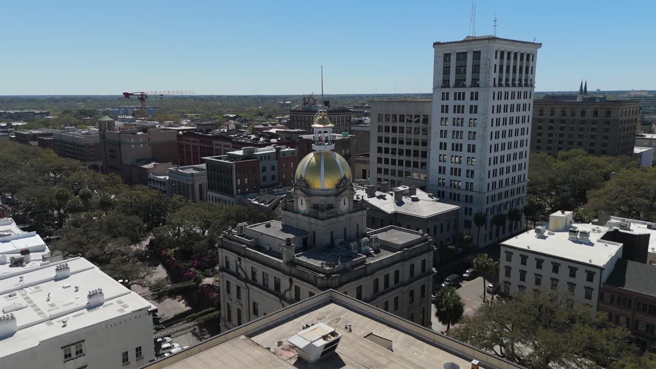 Aerial shot rotating around Savannah City Hall.