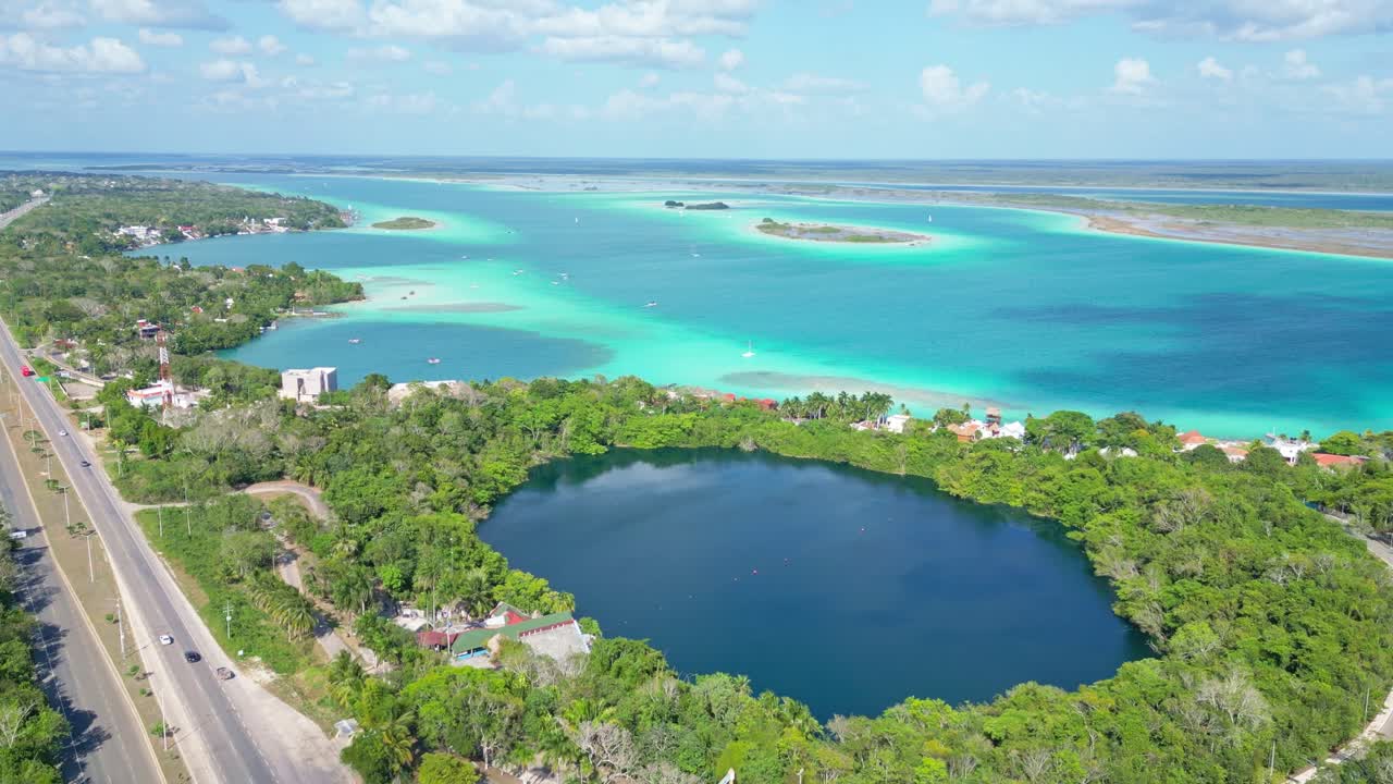 Beautiful aerial shot of Bacalar, Mexico, showcasing the turquoise lagoon and lush landscapes