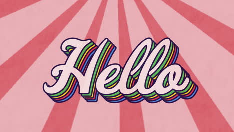 animation of hello text in rainbow letters over rays on red background