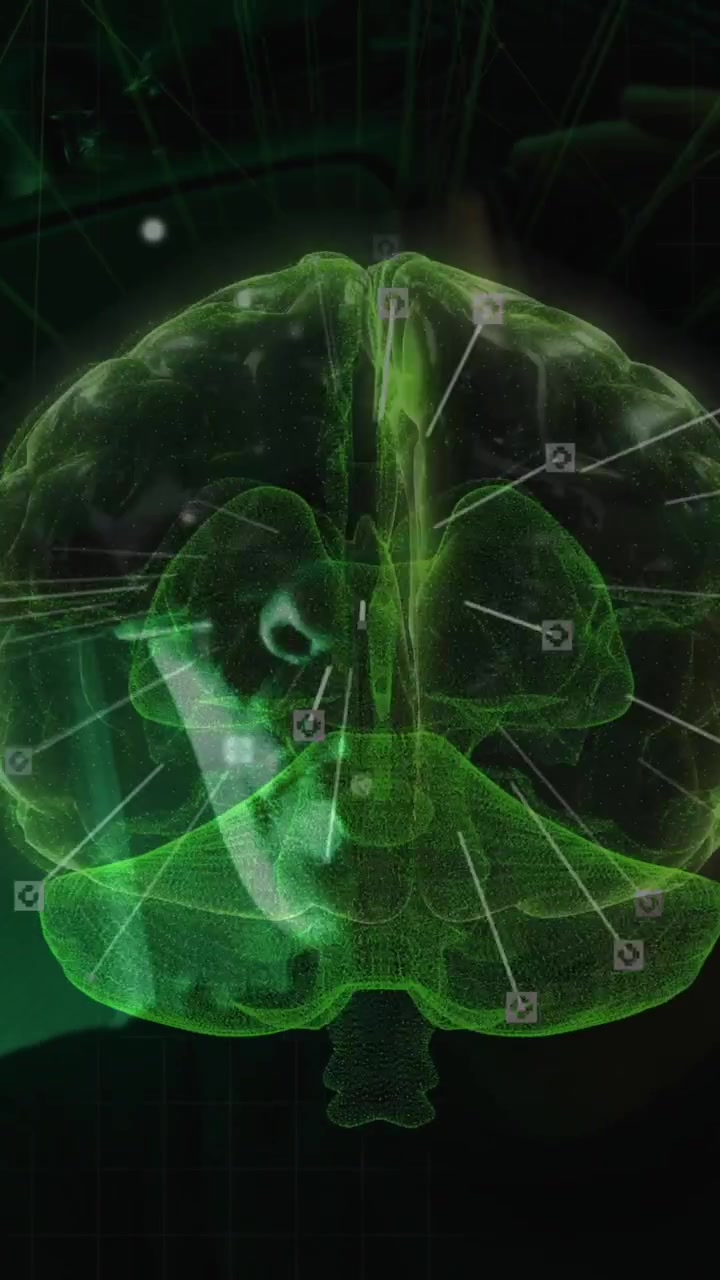 Animation of connections and digital brain over asian man in server room