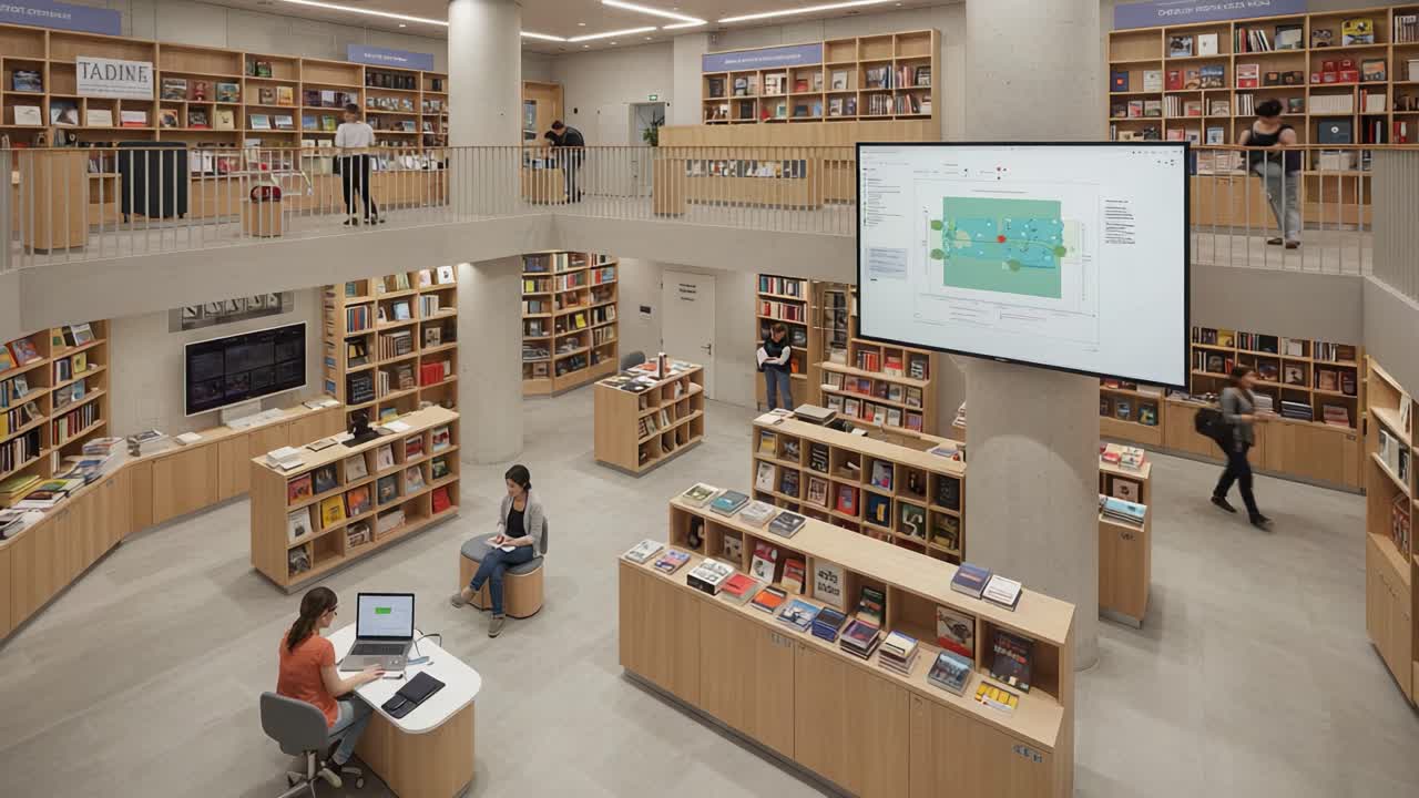 Modern Library Interior Featuring Open Spaces, Shelves of Books, and Patrons Engaging in Various Activities in a Dynamic Learning Environment