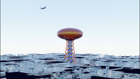 abstract layout of a modern city with a huge spiral shaped skyscraper with a bright oval roof. design. futuristic architecture with a plane flying above buildings.