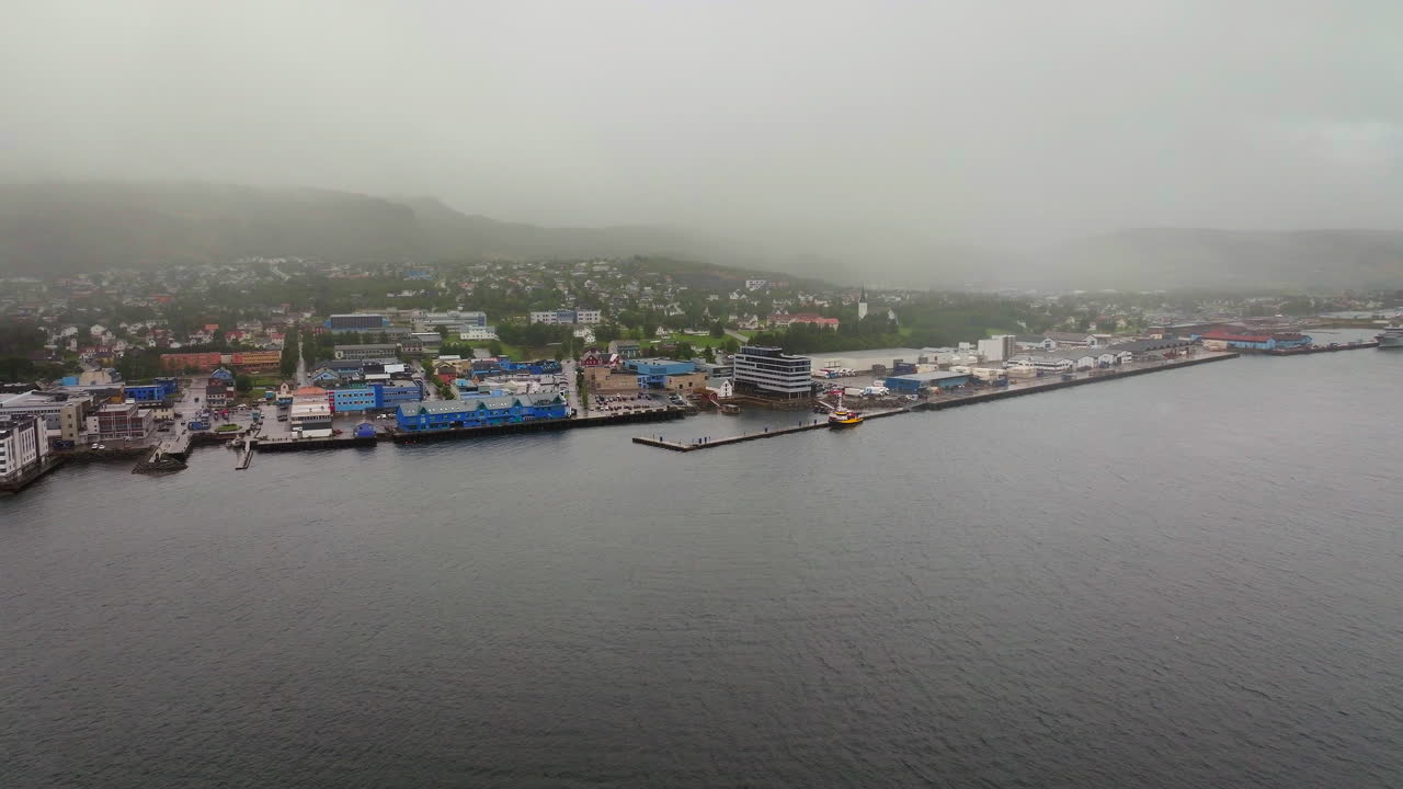 Aerial view of Sortland Port commercial centre of Vesteraalen in Langoya, Norway