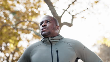 fitness, thinking and a tired man outdoor