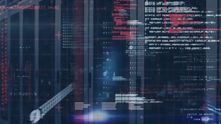 Animation of binary codes, loading bars and computer language over server room