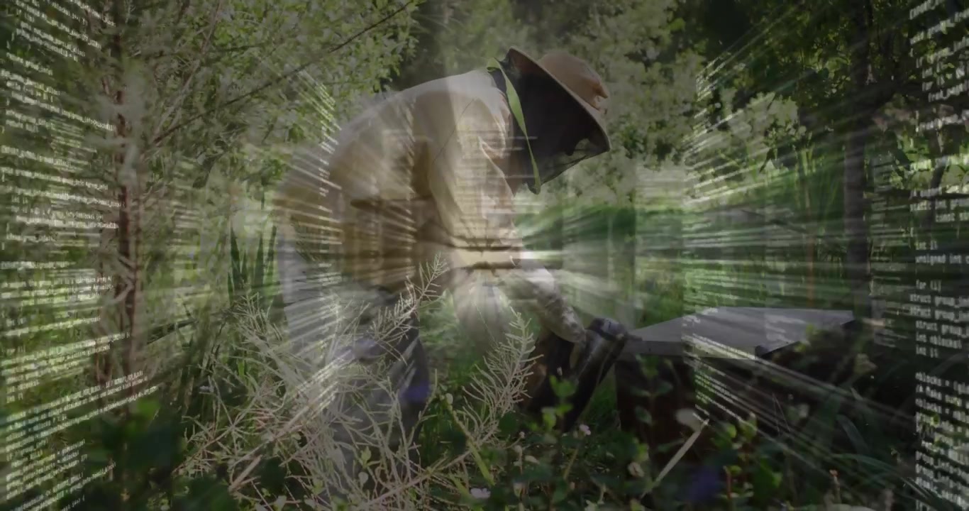 Beekeeper Working with Beehive in Nature with Digital Data Overlay