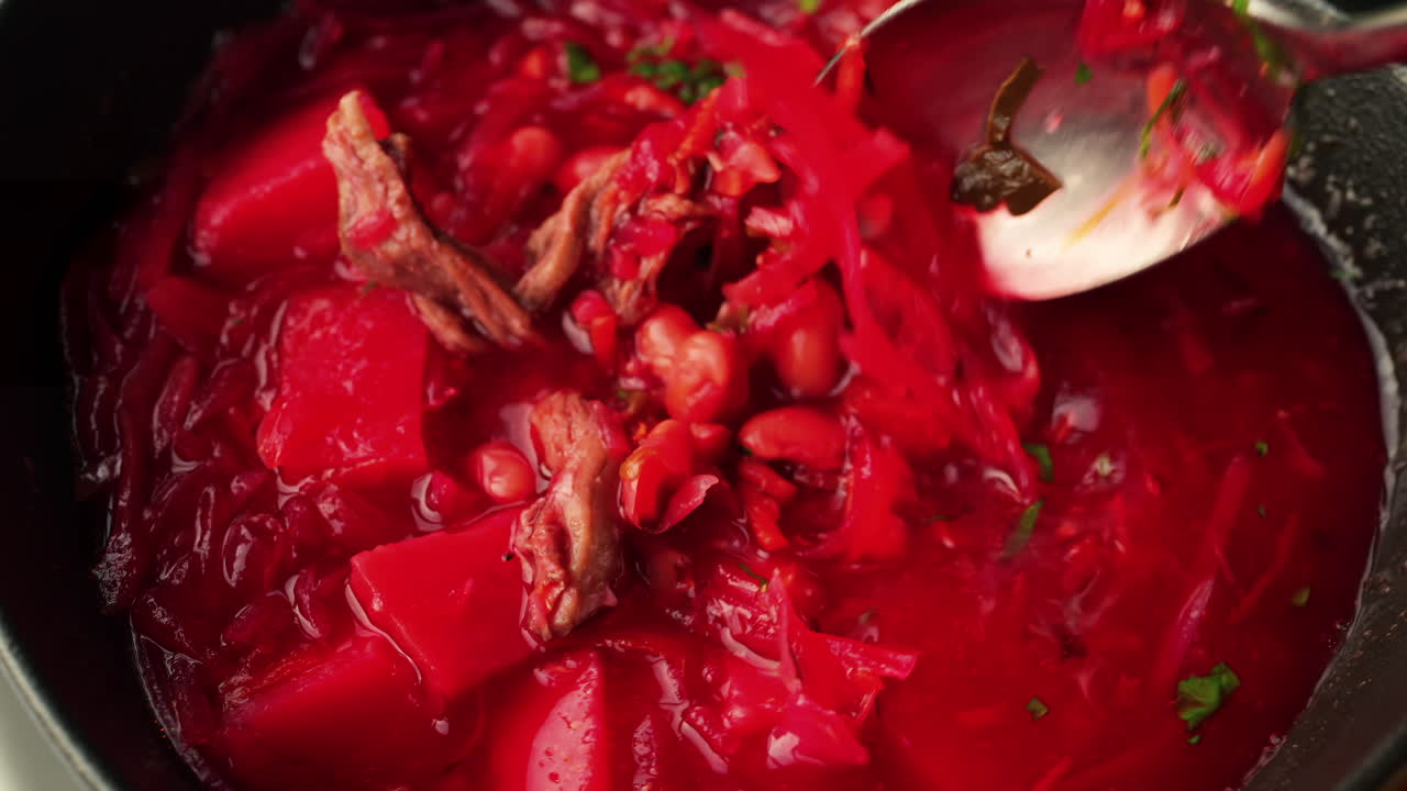 Close up of a bowl of borscht at a restaurant