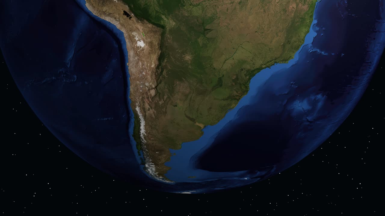 A digital animation zooms from space into South America, highlighting Santa Fe, Argentina's population