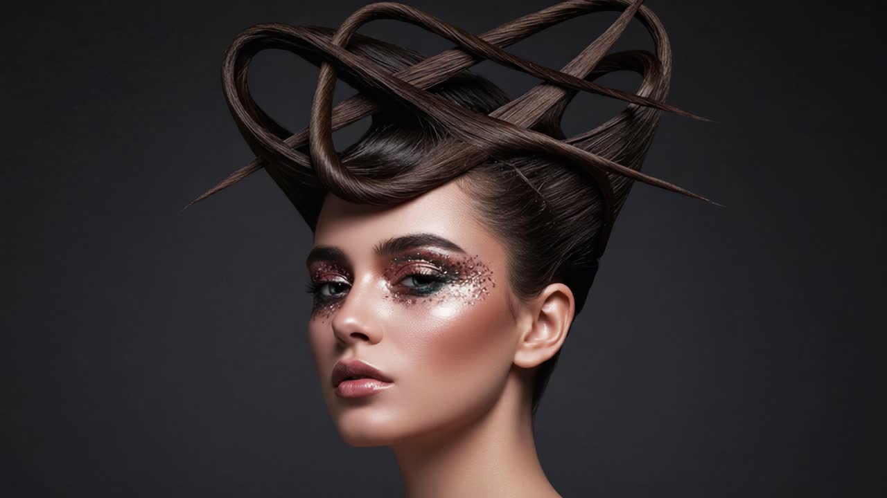 Stunning High-Fashion Hair and Makeup: A Model Showcases an Iconic Hairstyle with Creative Textures and Vibrant Sparkling Details in a Dark Studio Setting
