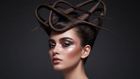 stunning high-fashion hair and makeup: a model showcases an iconic hairstyle with creative textures and vibrant sparkling details in a dark studio setting