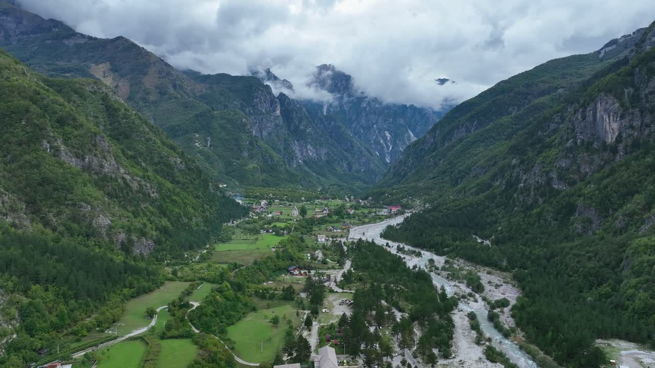 Aerial View Of Theth Village Along The Lumi i Thethit River in Albania.