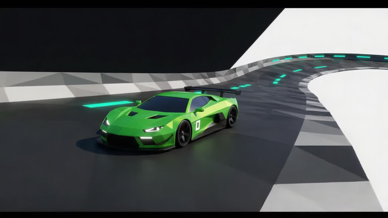 A Stunning Green Race Car Navigating a Futuristic Track with Geometric Patterns and Neon Accents, Displaying the Thrill of High-Speed Racing in a Modern Environment