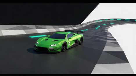 a stunning green race car navigating a futuristic track with geometric patterns and neon accents, displaying the thrill of high-speed racing in a modern environment