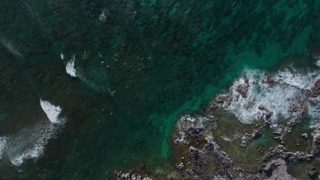 Surfistas-En-Ho&#39;okipa-Surf-Break,-Maui,-Mostrando-La-Interacción-Dinámica-Entre-Las-Olas-Y-El-Arrecife,-Vista-Aérea.