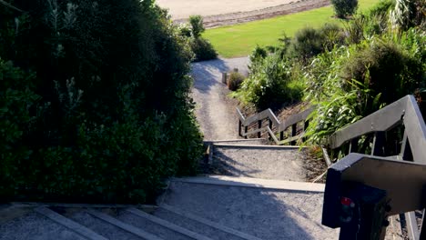 A-handheld-shot-of-wooden-stairs-in-a-park-on-a-sunny-day-with-strong-winds-in-the-city-of-Auckland,-New-Zealand