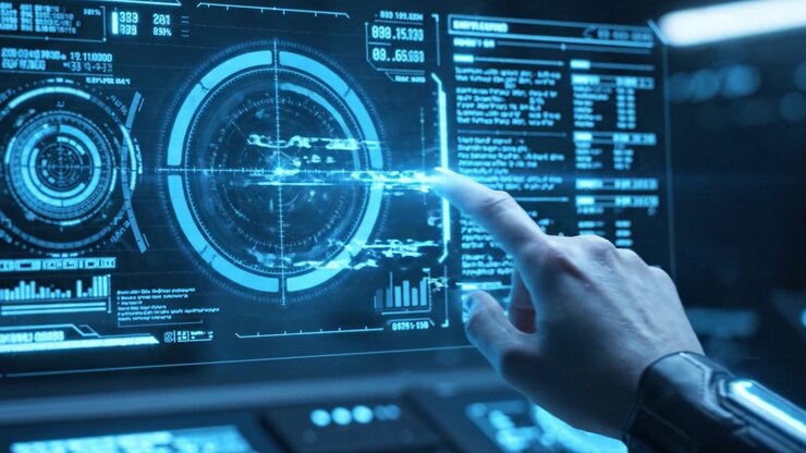 Futuristic Interface Analysis: Engaging with a High-Tech Digital Dashboard Showcasing Complex Data Visualizations and User Interaction Elements