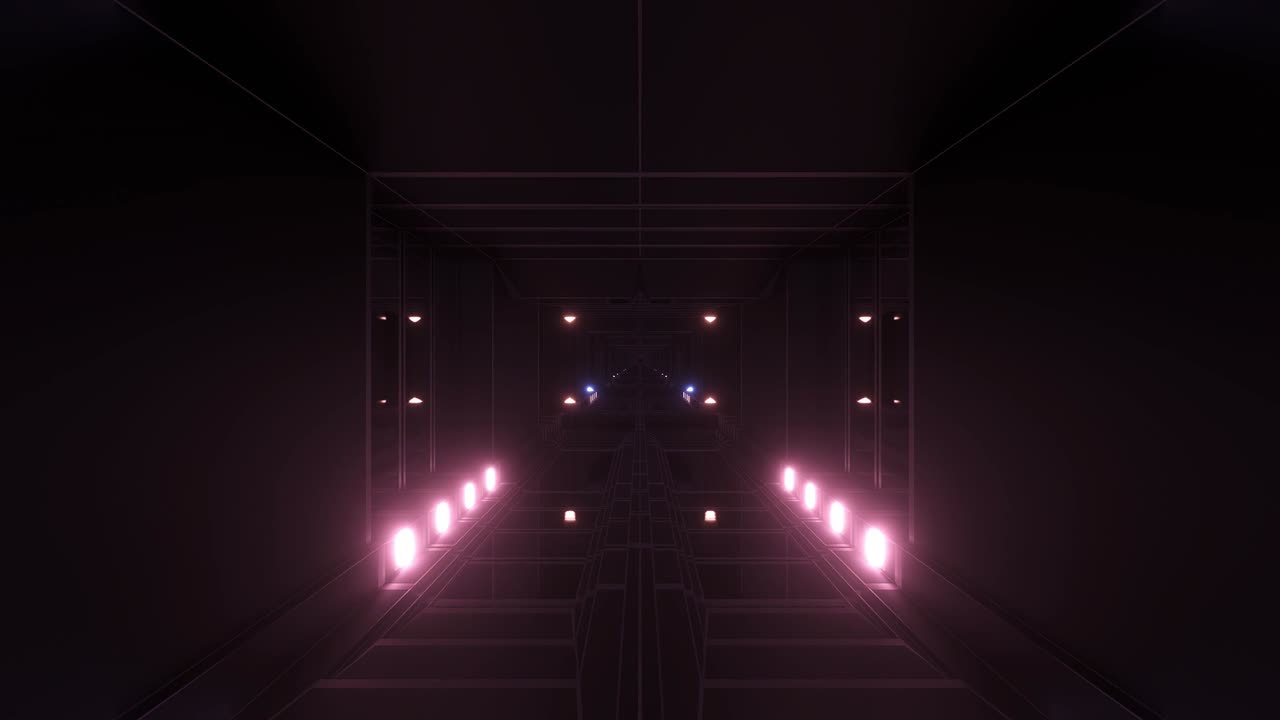 un corredor de túnel de ciencia ficción atmosférico oscuro con luces brillantes y ventanas de vidrio reflectante