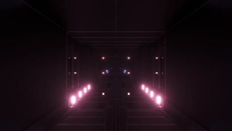 un corredor de túnel de ciencia ficción atmosférico oscuro con luces brillantes y ventanas de vidrio reflectante