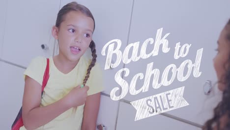 animation of back to school sale text over happy diverse schoolgirls talking by lockers