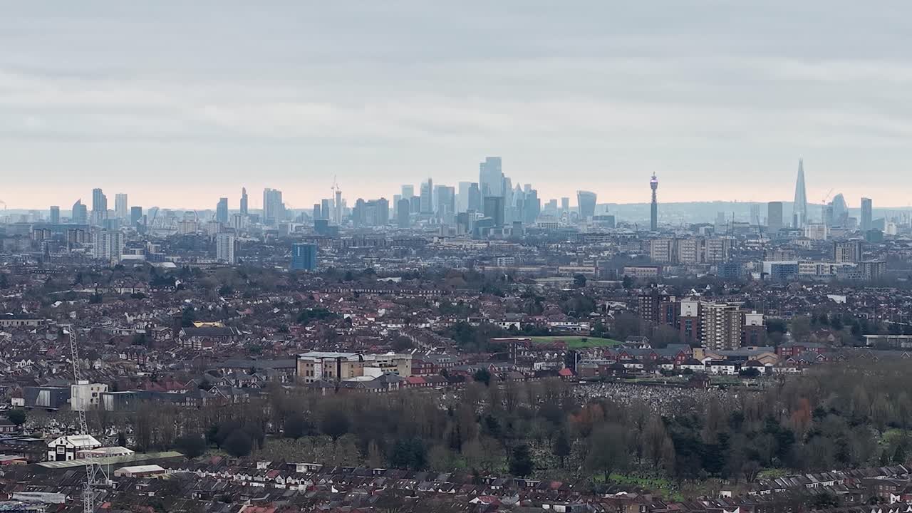 Suburban With City Skyline In The Background In Wembley, London Borough, England, UK. Aerial Wide Shot