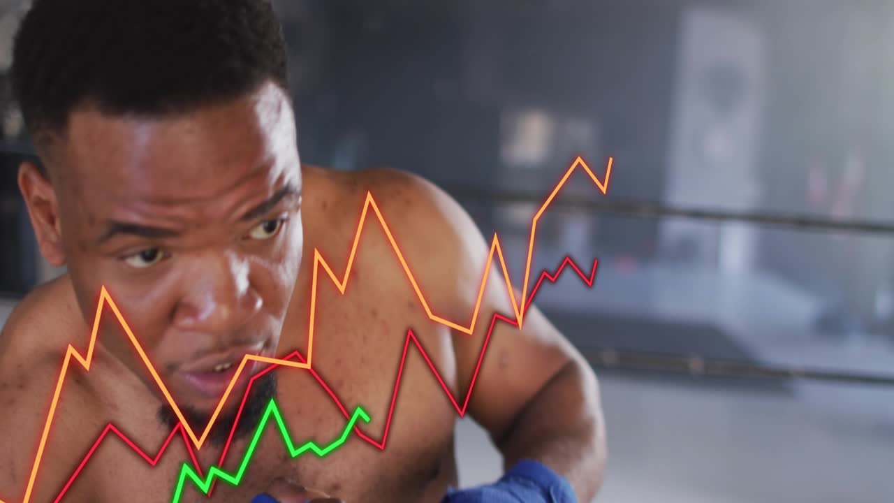 Male boxer starting jab toward camera, training by throwing combos and weaving, overlays tracking