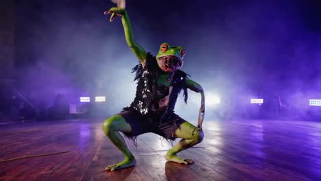 person in frog costume performing on stage