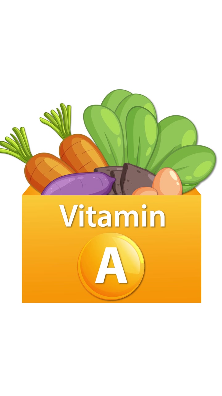 Appare una scatola arancione di vitamina A, si riempie di verdure e il testo si completa su sfondo bianco.
