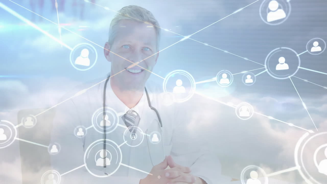Doctor wearing stethoscope, interacting with cloud based telemedicine network graphics