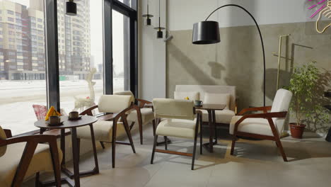 cozy modern cafe interior with city view