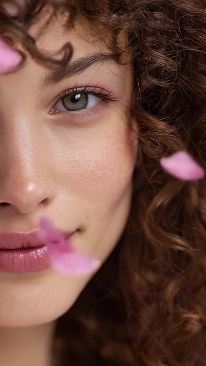 Retrato em Close-up de uma Jovem Mulher com Cabelo Cacheado Rodeada por Pétalas, Capturando Beleza Natural e Elegância em uma Atmosfera Suave e Serena