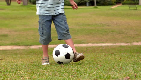 little boy playing with a soccer ball in the park