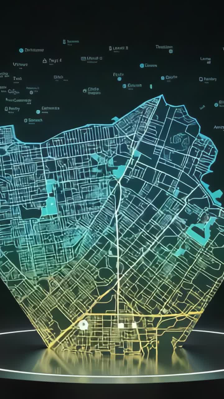 Vertical video: Appearing city grid extruding, rotating 3D map on round platform, with data labels
