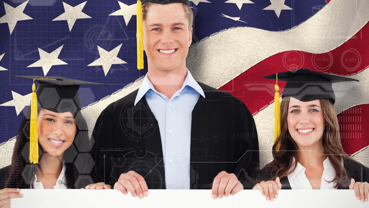 Animaatio monimuotoisesta hymyilevästä valmistuneiden ryhmästä liikkuen Amerikan lipun yllä.