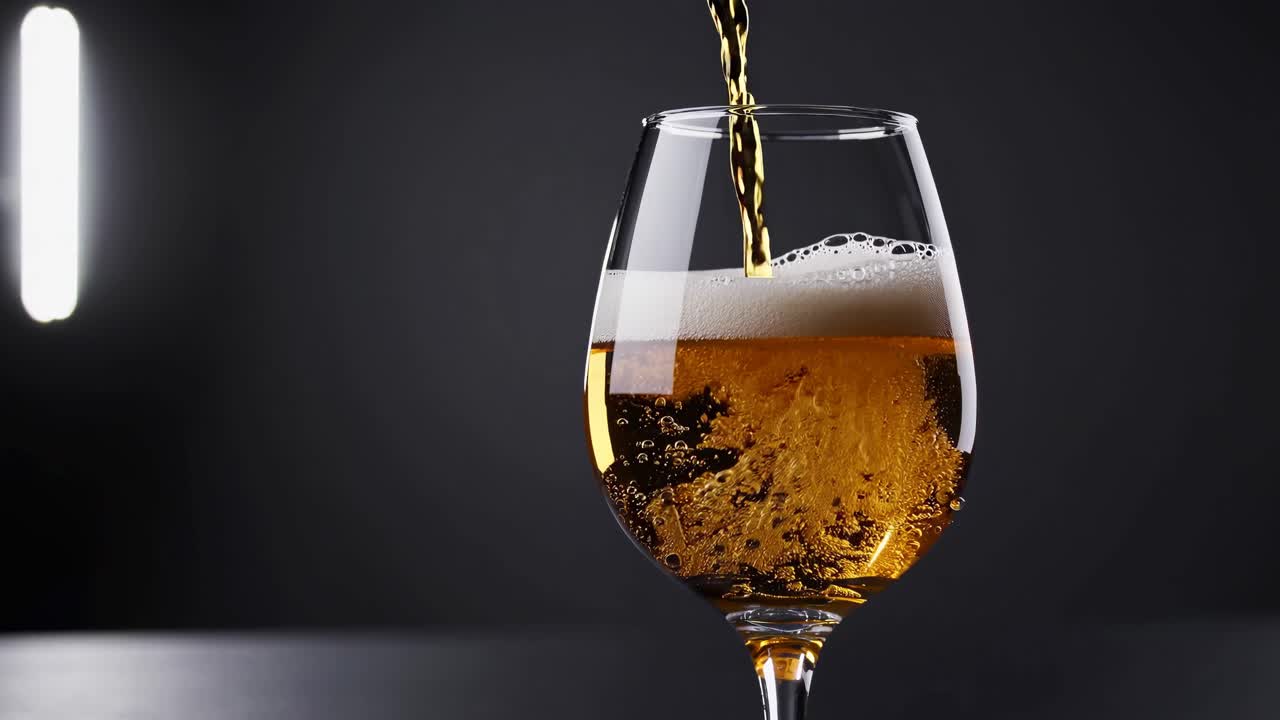 Close-up video of beer pouring into a glass, capturing bubbles and foam