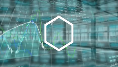 Animación-Del-Procesamiento-De-Datos-Financieros-Y-Hexagonales-Sobre-Interiores-Industriales-Vacíos