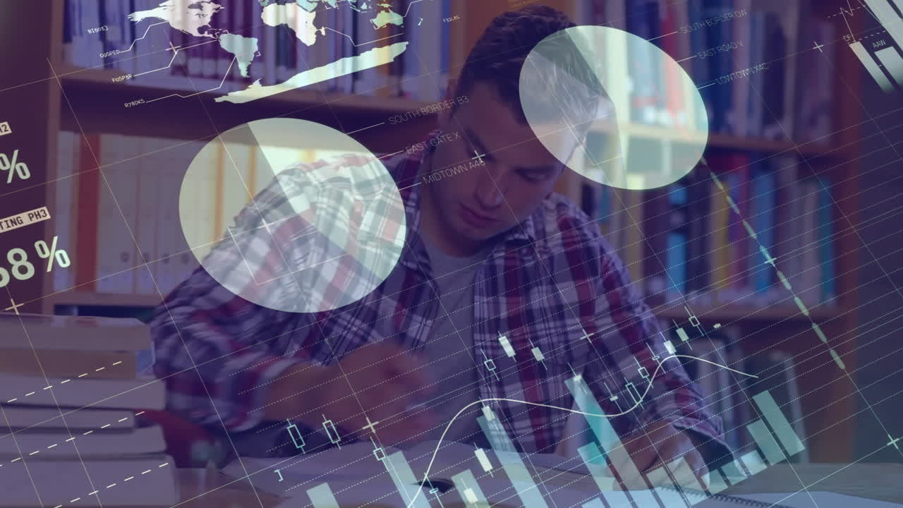 animación del procesamiento de datos financieros sobre el estudiante caucásico masculino