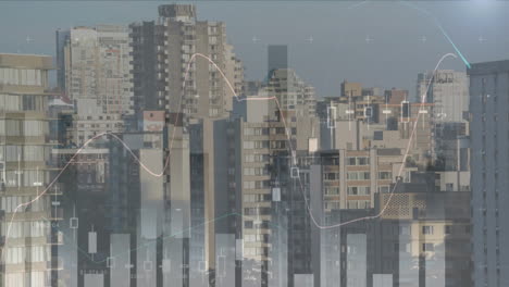 animation of statistical data processing against aerial view of tall buildings