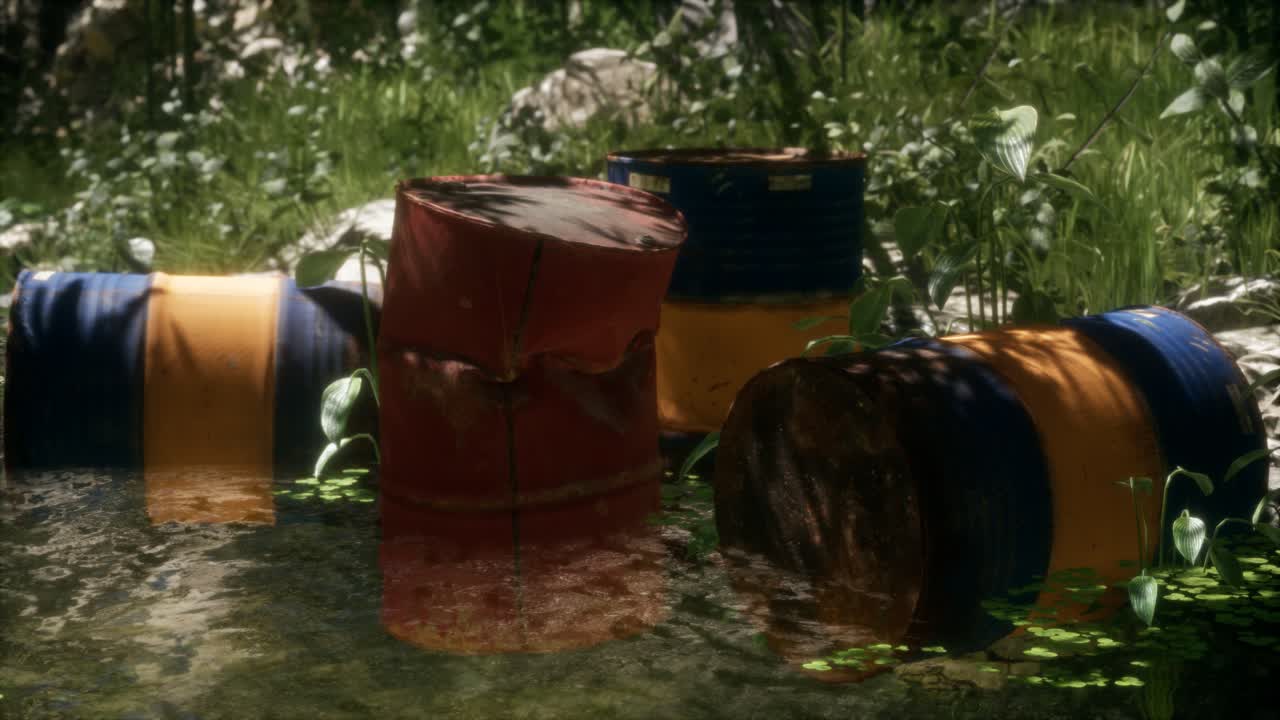 barriles oxidados en el bosque verde