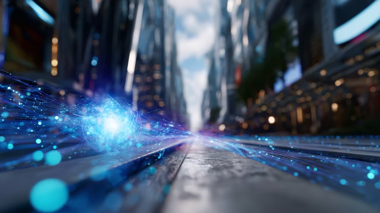 A Futuristic Cityscape with Dynamic Energy Trails and Glowing Particles on the Streets, Showcasing a Vision of Advanced Urban Life in a High-Tech Setting
