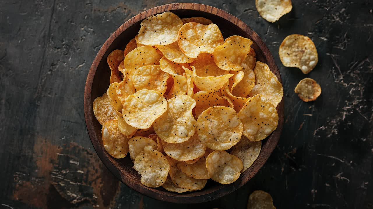 Bowl Of Crispy Potato Chips On Rustic Background