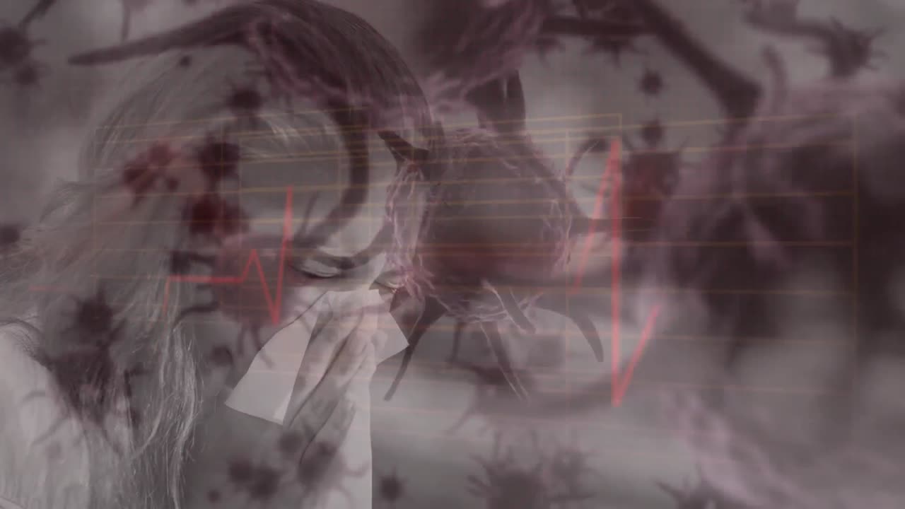 코를  ⁇ 는 여성과 코로나19가 배경으로 퍼지고 있습니다.